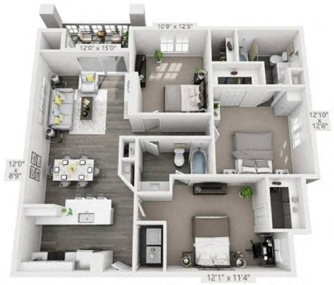 Floor plan for 3 beds, 2 baths, 1327 sqft